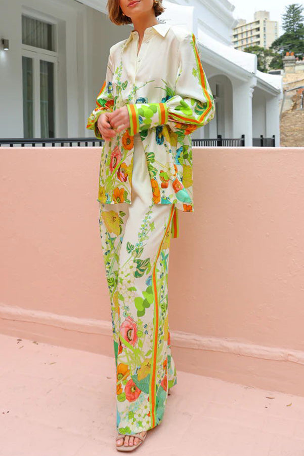 Antibes Satin Print Back Tie-up Button Down Oversized Blouse