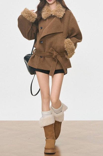 Fur Collar Fur Cuffs Short Woolen Coat