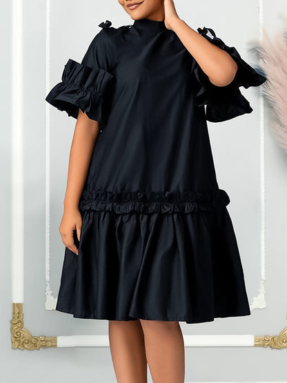 A-line Half Sleeves Pleated Color Split-joint Zipper Mock Neck Midi Dresses