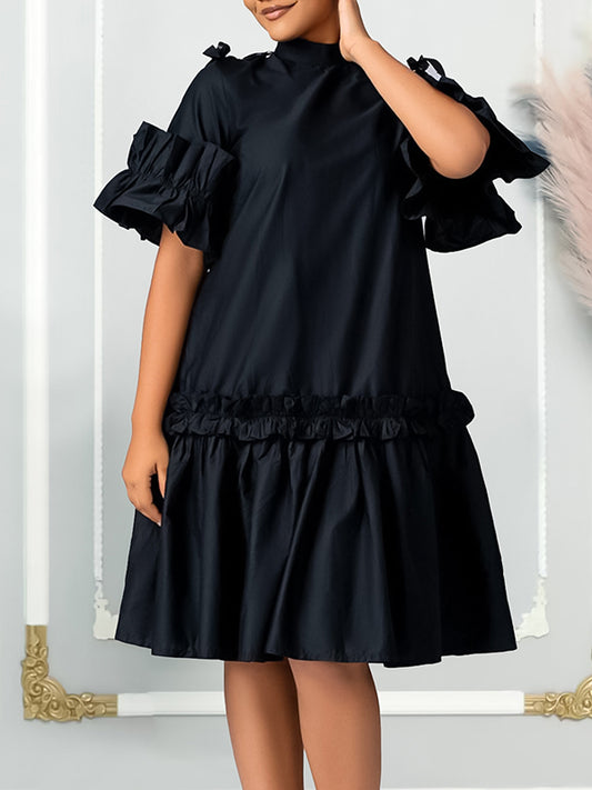 A-line Half Sleeves Pleated Color Split-joint Zipper Mock Neck Midi Dresses