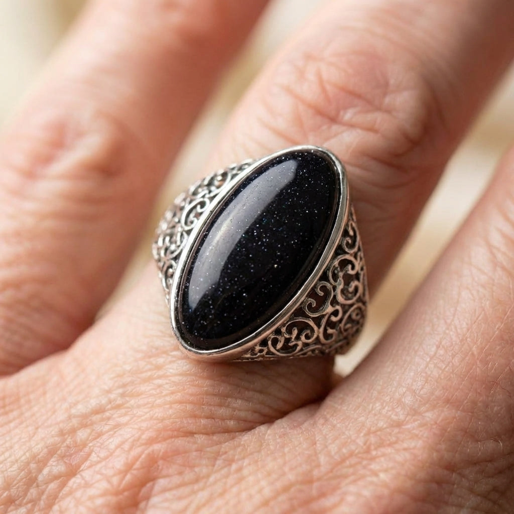 Vintage Silver Midnight Oval Stone Ring