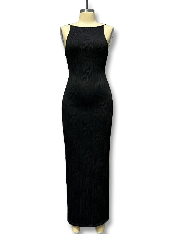 Bodycon Sleeveless Pleated Color Split-back Split-joint Zipper Spaghetti-neck Maxi Dresses