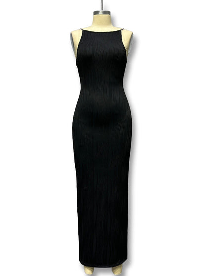 Bodycon Sleeveless Pleated Color Split-back Split-joint Zipper Spaghetti-neck Maxi Dresses
