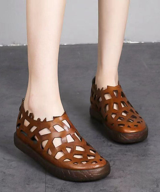 Splicing Hollow Out Flat Sandals Brown Cowhide Leather