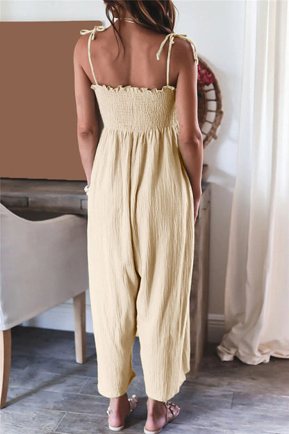 Color High Waist Linen Blend Suspender Pleated Jumpsuit