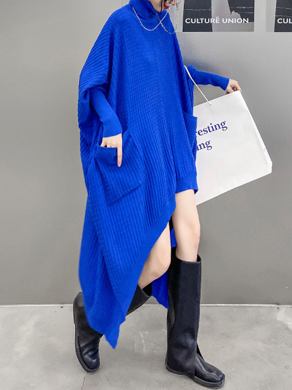 Batwing Sleeves High-low Pockets Color High-neck Midi Dresses Sweater Dresses
