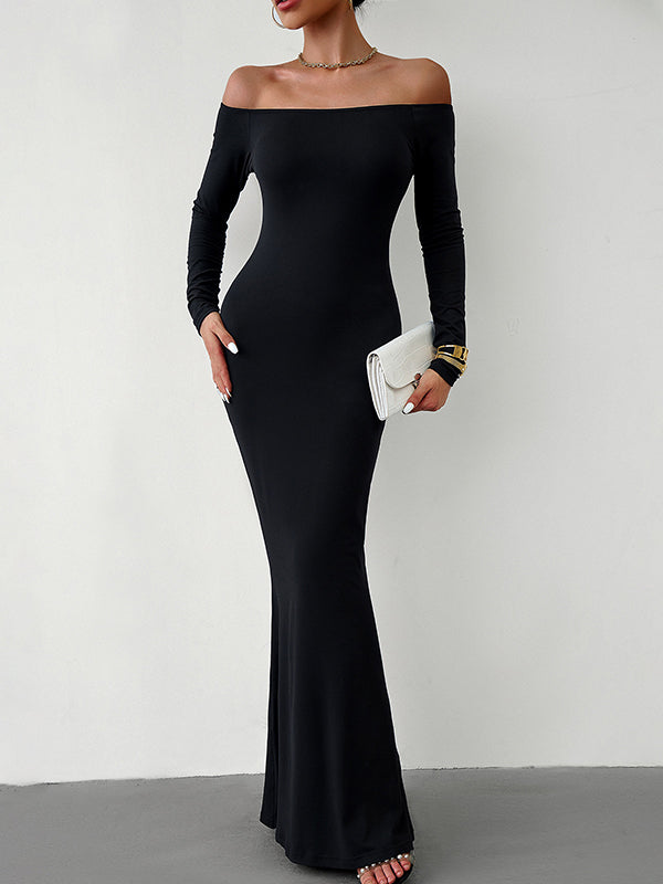 Bodycon Long Sleeves See-through Color Off-the-shoulder Maxi Dresses
