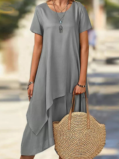 Short Sleeves Asymmetric Color Split-joint Round-neck Midi Dresses