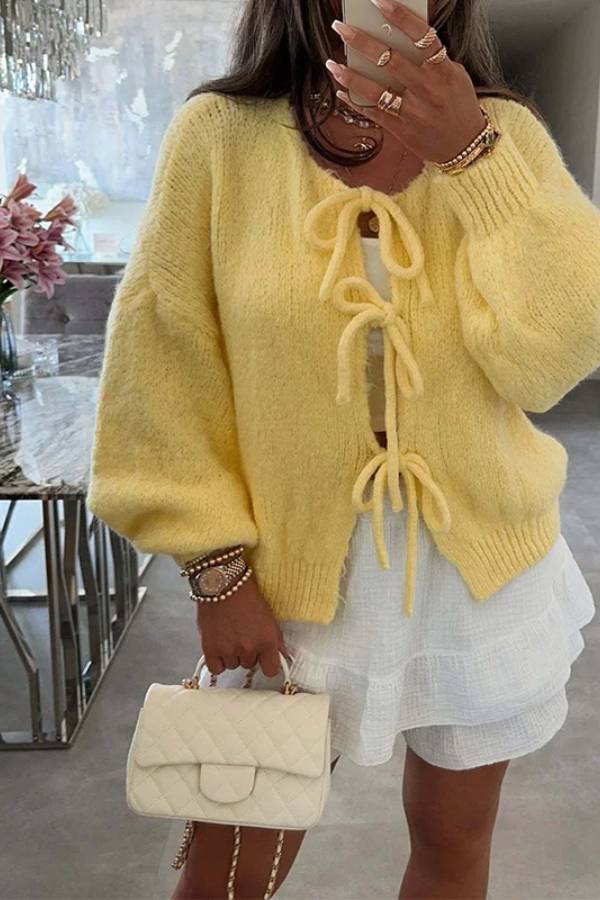 Stylish Color Crew Neck Lace-up Sweater