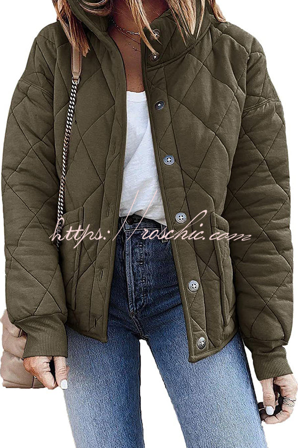 Diamond Quilted Pocket Button Long Sleeve Coat