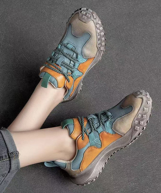 Blue Flat Shoes Platform Cowhide Leather Splicing Lace Up