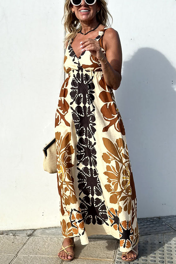 Jalen Linen Blend Print Knotted Strap Elastic Waist Midi Dress
