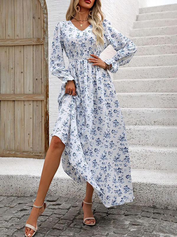 Long Sleeves Loose Elasticity Printed V-neck Maxi Dresses