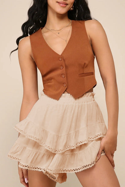 Ruched Tiered Ruffle Hem Elastic Waist Skort