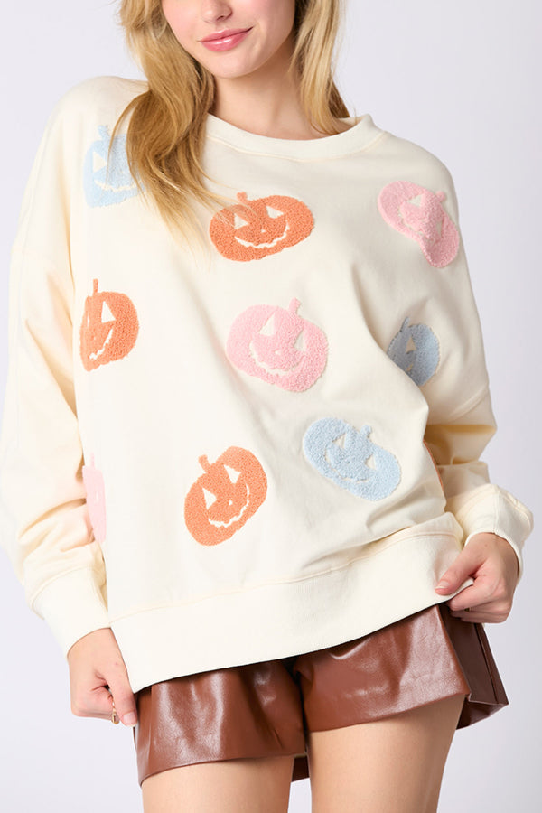 Halloween Colorful Pumpkin Embroidered Loose Sweatshirt