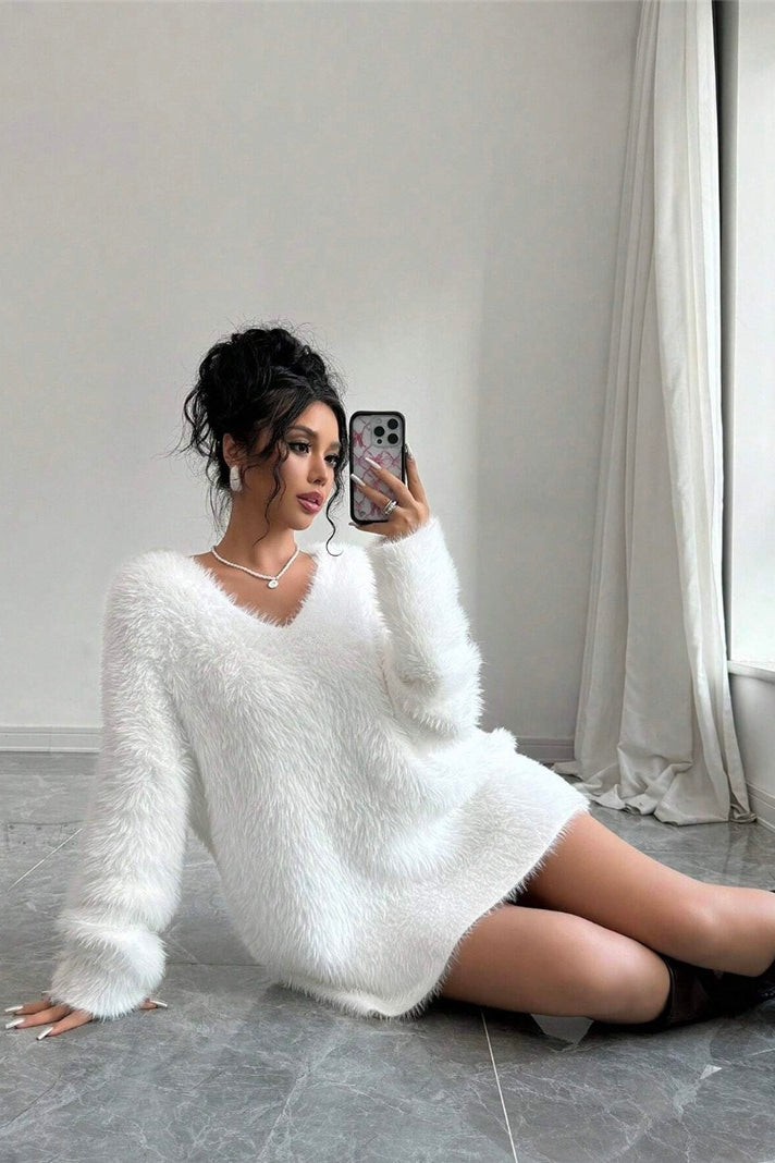 V-neck Cozy Fuzzy Loose Fit Sweater