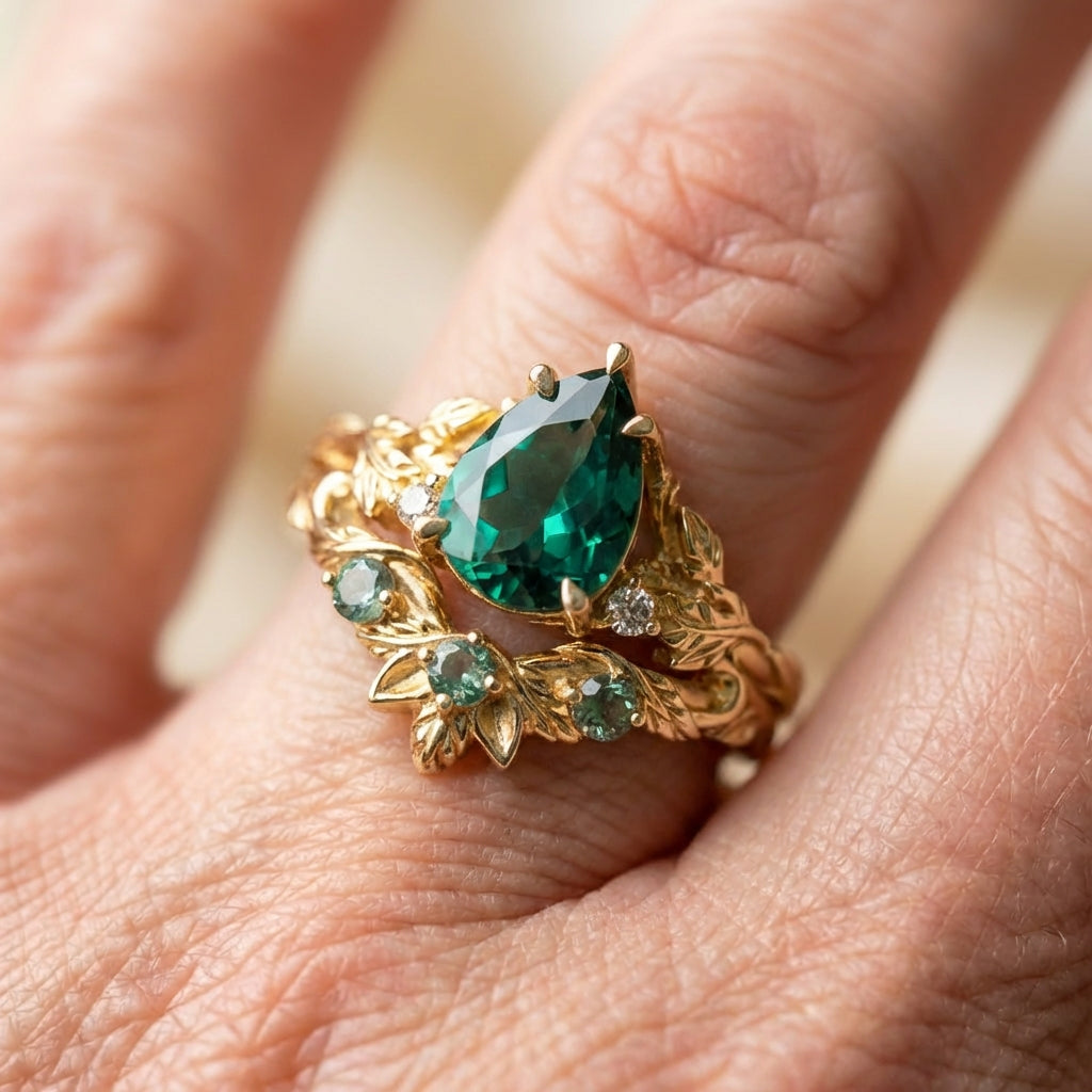 Court Emerald Water Drop Zircon Ring