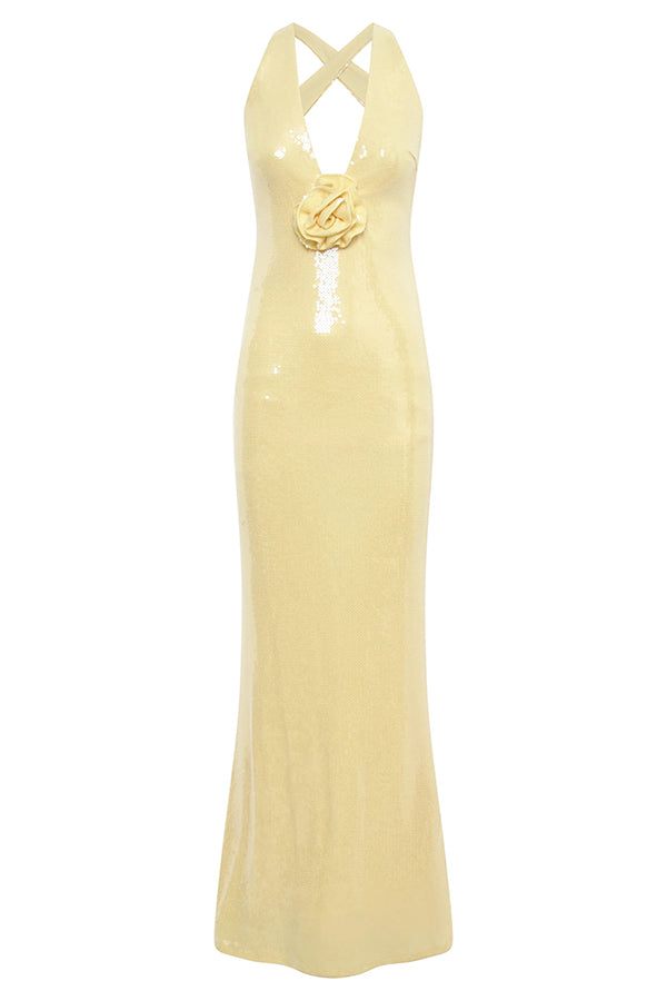 Sicilian Rose Sequin Three-dimensional Backless Maxi Dress