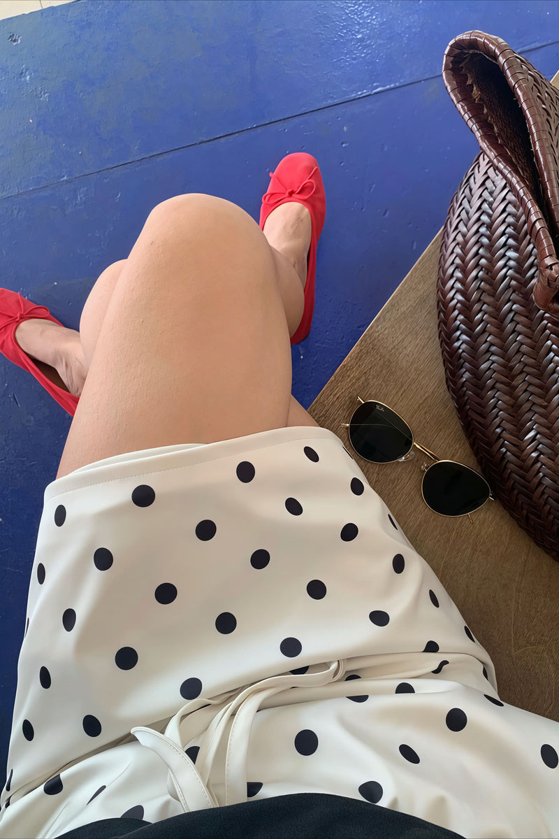Satin Polka Dot Drawstring Midi Skirt