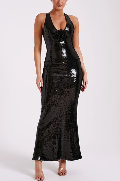 Sicilian Rose Sequin Three-dimensional Backless Maxi Dress