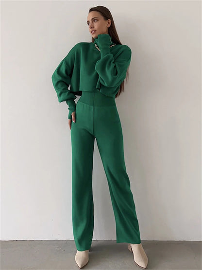 Turtleneck Two Piece Outfits for Lantern Sleeve Cropped Top and Straight Leg Pants Sets Tracksuit Outfits