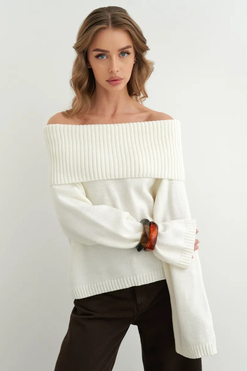 Color Off Shoulder Knitted Sweater