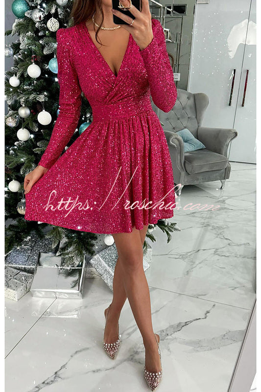 Night Out Sequin Wrap Long Sleeve Mini Dress