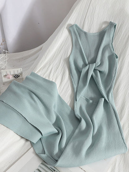 Bodycon Sleeveless Bowknot Hollow Color Midi Dresses