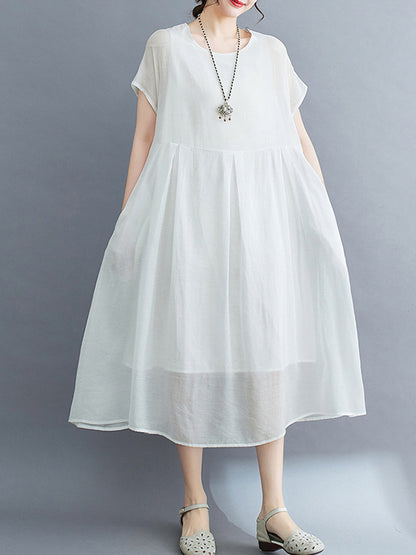 Loose Short Sleeves Color Split-joint Round-neck Midi Dresses