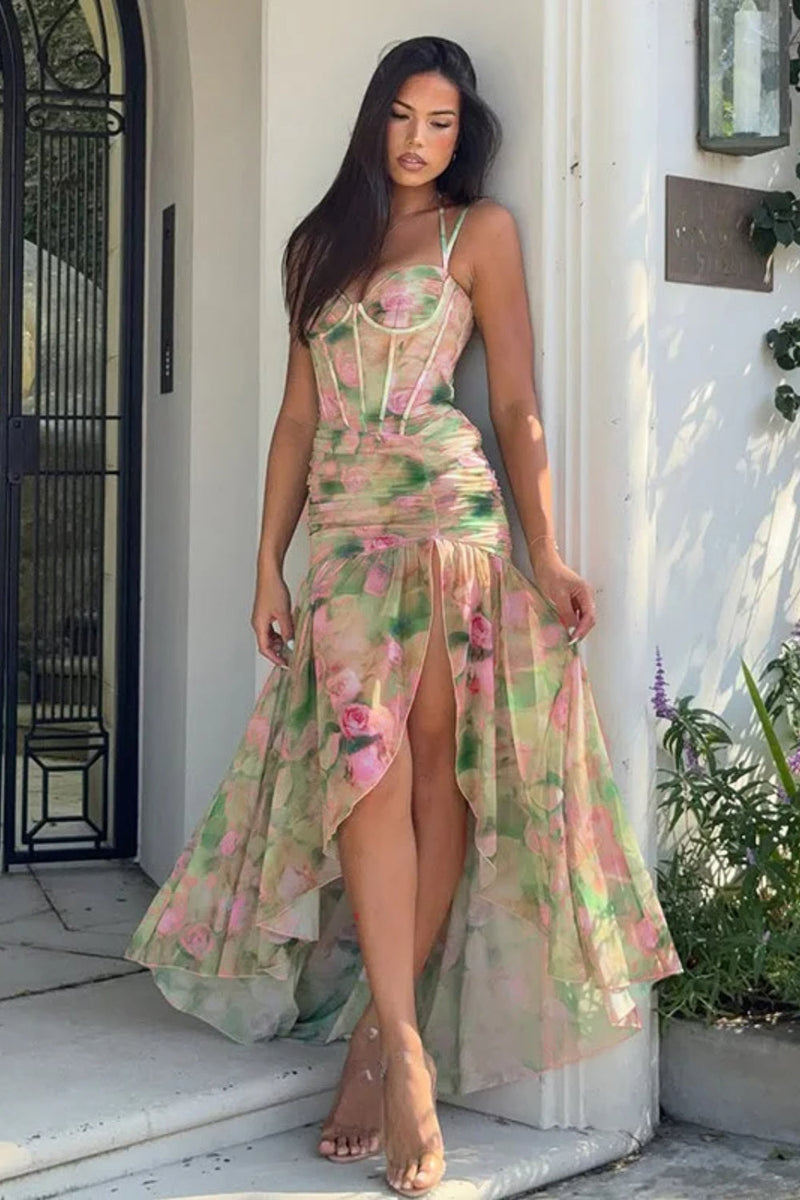 Silk Ruched Slit Spaghetti Maxi Dress
