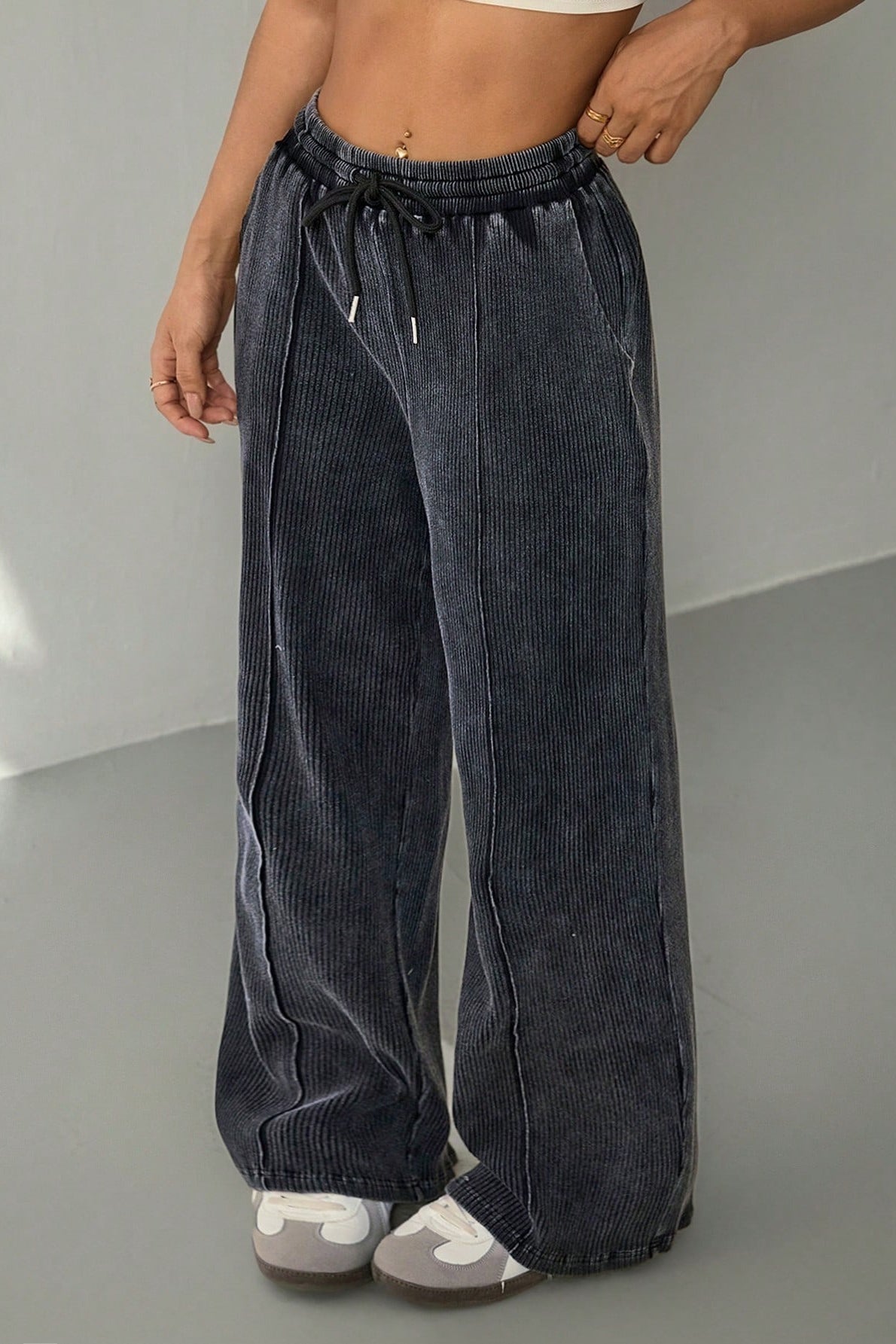 Color Drawstring Waist Wide Leg Sweat Pants