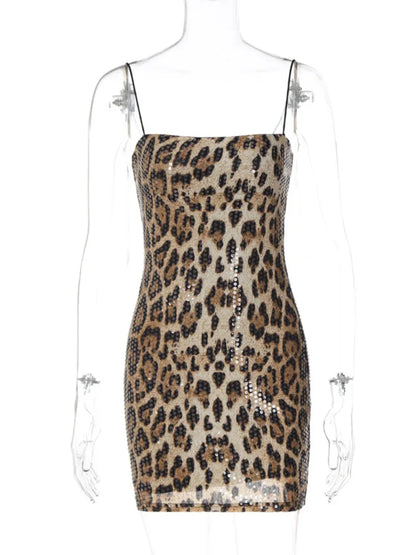 Spaghetti Strap Leopard Print Mini Dress for New Sleeveless Backless Skinny Night Club Party Dress