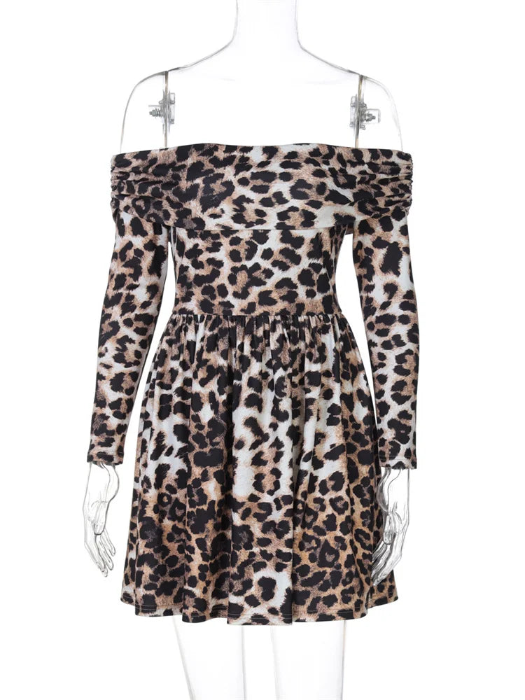 Leopard Mini Dress Female Backless Slim Contrast Pleated Party Dress Off-shoulder Commute Dress