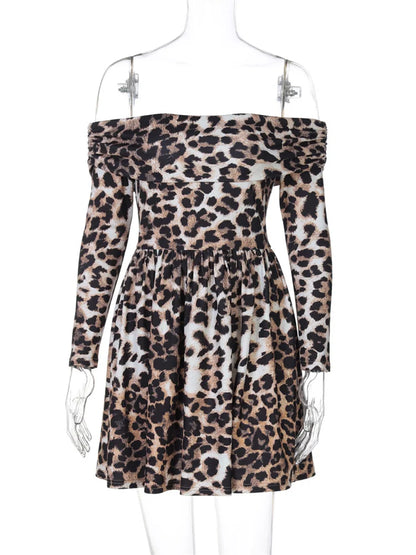 Leopard Mini Dress Female Backless Slim Contrast Pleated Party Dress Off-shoulder Commute Dress