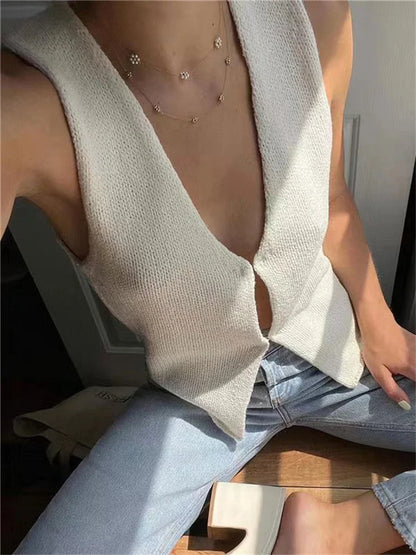 Female Hollow Out Knit Cardigan Sleeveless Baggy High Street Tank Top Summer V-neck Slim Vest Y2k Top