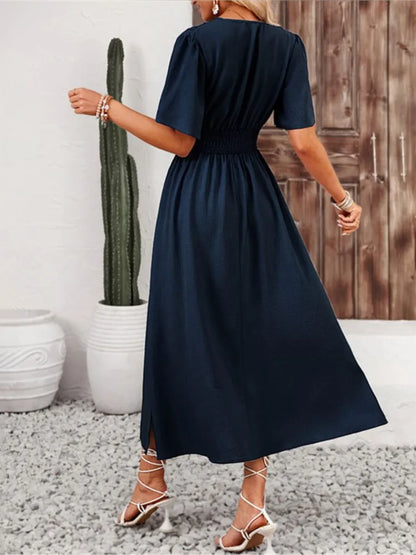Summer Color Long Dresses Ruffled Short Sleeves V-neck Folds Elastic Waist Slit Dress Lady Vestidos