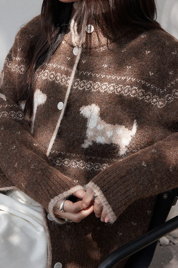 Stand Collar Puppy Print Jacquard Sweater