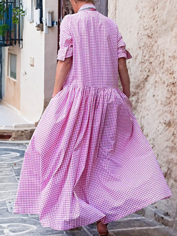 Long Sleeves Loose Buttoned Plaid Pleated Split-joint Lapel Maxi Dresses