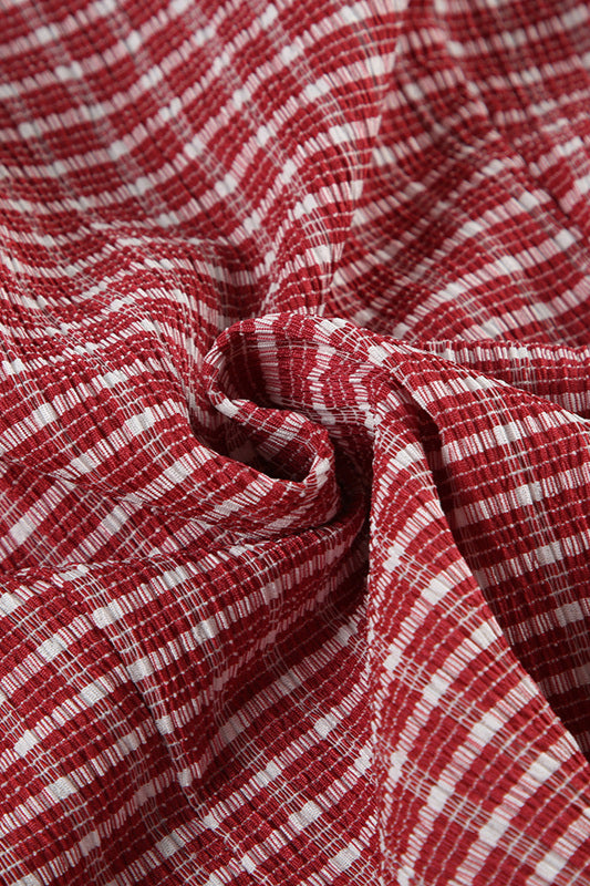 Red Plaid Polo Collar Button-down Cropped Blouse