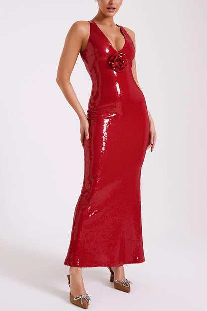 Sicilian Rose Sequin Three-dimensional Backless Maxi Dress