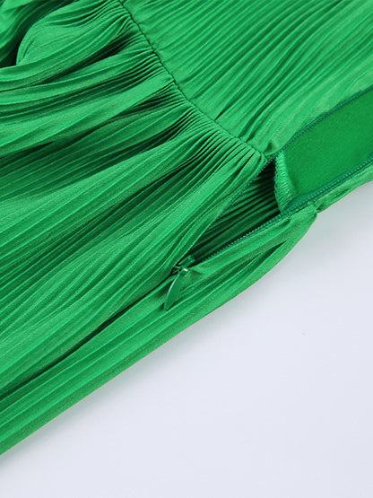 A-line Flared Sleeves High-waisted Pleated Color Zipper Round-neck Mini Dresses