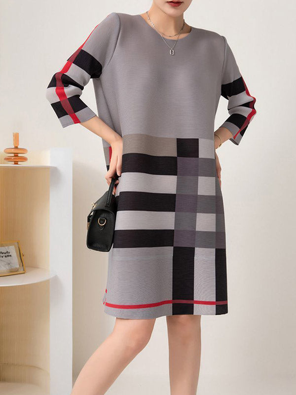 A-line Loose Contrast Color Plaid Pleated Round-neck Mini Dresses