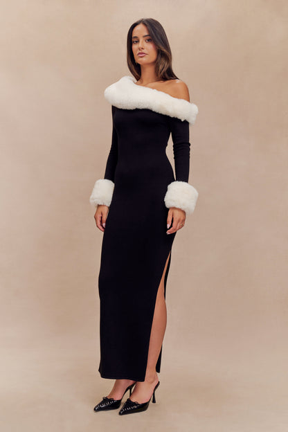 Dawn Faux Fur One Shoulder Slit Maxi Dress