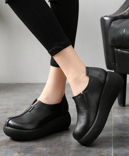 Black Cowhide Leather Flat Feet Shoes Platform Platform Flat Shoes