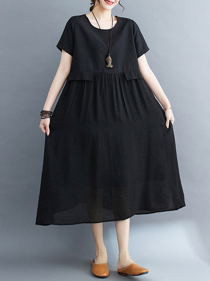 Loose Short Sleeves Gauze Color Split-joint Round-neck Midi Dresses