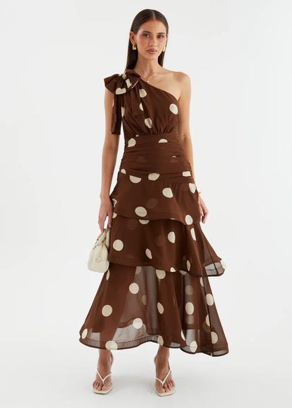 Polka Dot One-shoulder Ruffle Maxi Dress