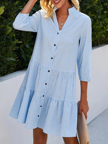 A-line Loose Buttoned Plaid Split-joint Stand Collar Mini Dresses Shirt Dress