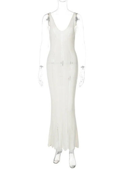 Hollow Out Knit Long Dress for Summer New Color V Neck Sleeveless Backless Bodycon Maxi Dress New