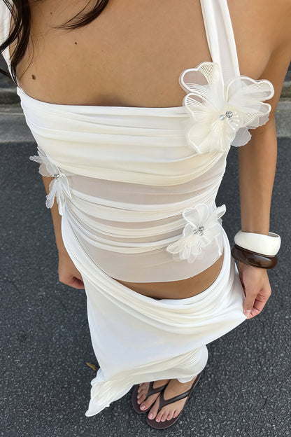 3d Patchwork Halter Slim Cutout Waist Maxi Dress
