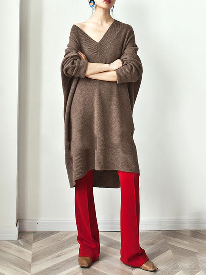 Stylish Long Sleeves Loose Color V-neck Sweater Dresses